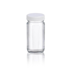 WHEATON-Rundflaschen 120 ml Natronkalkglas klar, wei&szlig;e PP Kappe 48-400 und PTFE Liner, VE=24