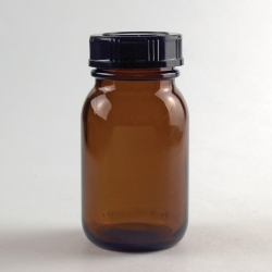 Botellas de cuello ancho, de vidrio &aacute;mbar, con tap&oacute;n de rosca