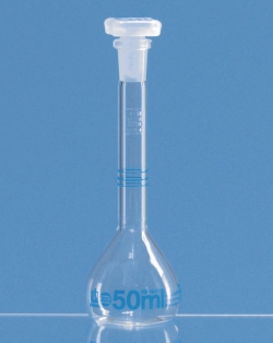 Frascos de verificaci&oacute;n, calibrados DAkkS, vidrio de borosilicato 3.3, clase A, con 3 marcas, graduaciones en azul