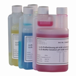 Soluciones tamp&oacute;n LLG-pH con c&oacute;digo de colores en botellas dispensadoras de doble cuello